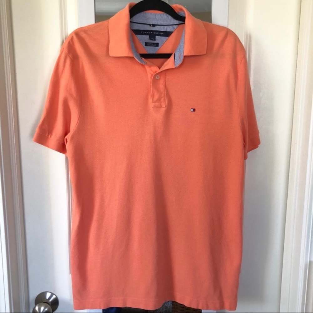 Tommy Hilfiger Short Sleeve Polo Orange Custom Fit Large 100# Cotton